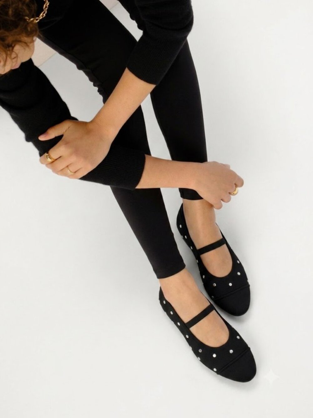 Vivaia Tamia Almond Toe Mary Jane Flats Black Silver Studded Size 41.5/10